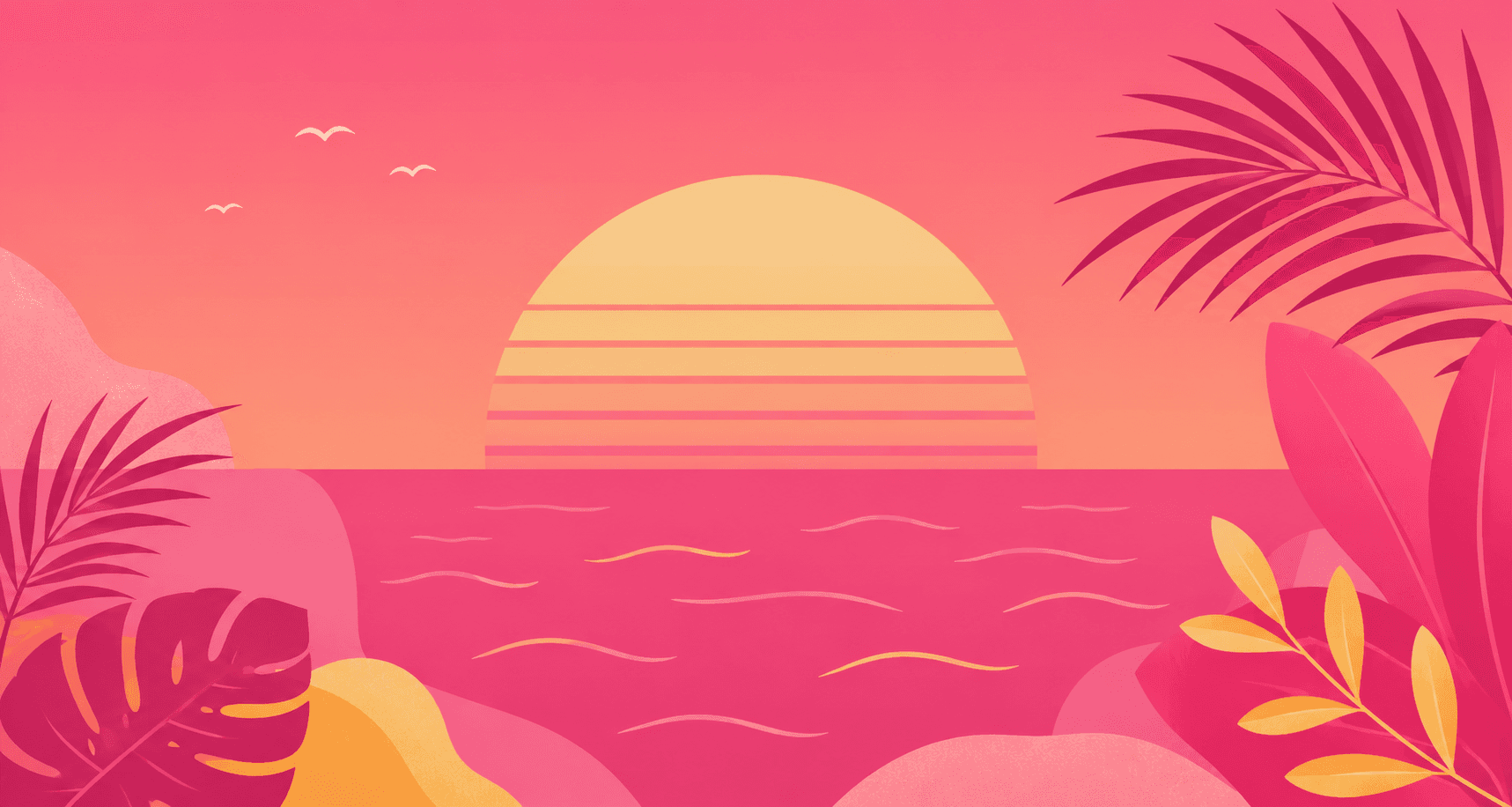 Coucher de soleil sur la mer, sous les palmiers
